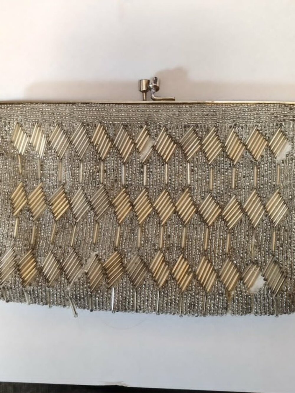 Vintage Mid Century Evening Handbag Kiss-Lock Collectible Silver Beaded Purse
